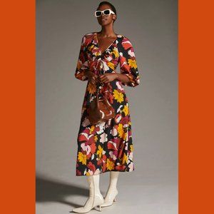 Anthropologie “Maeve” Deep V Ruched Midi Dress